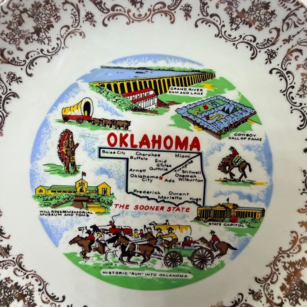 Vintage State of Oklahoma Souvenir Decorative Plate with Scenic Landmarks